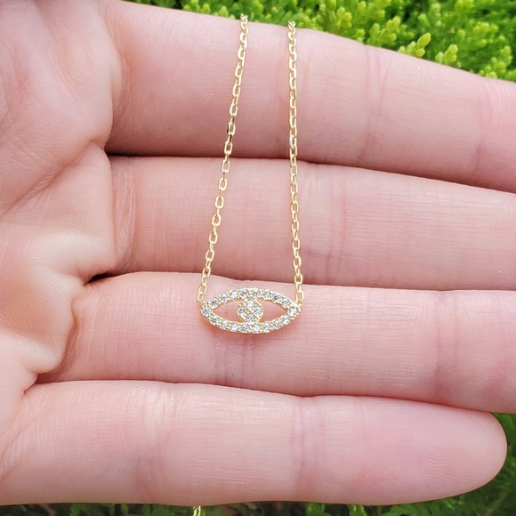 Evil Eye Necklace Gold Diamond Dainty New 925 Sterling Silver Gold Plated - Picture 2 of 6